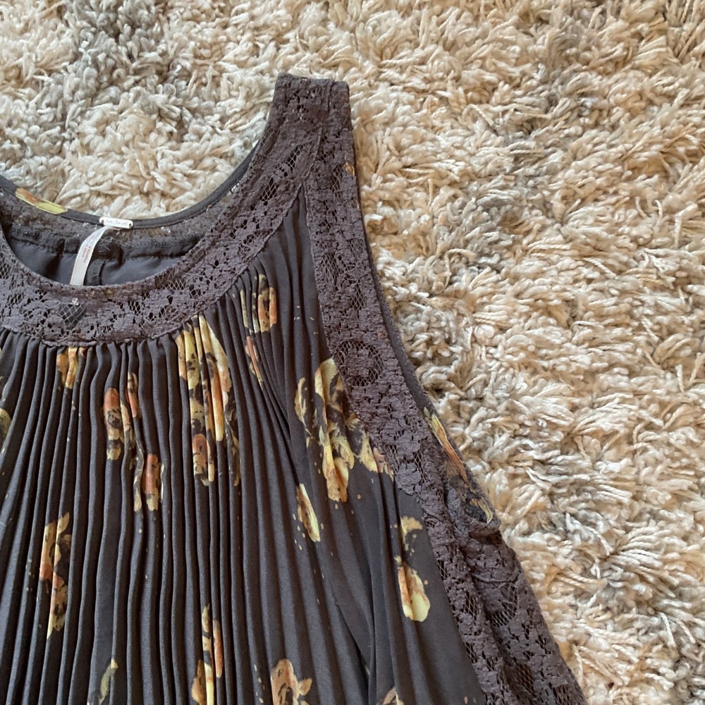 Free People Floral Pleated Lace Trim Sleeveless Mini Dress Charcoal Grey Medium - Picture 8 of 15